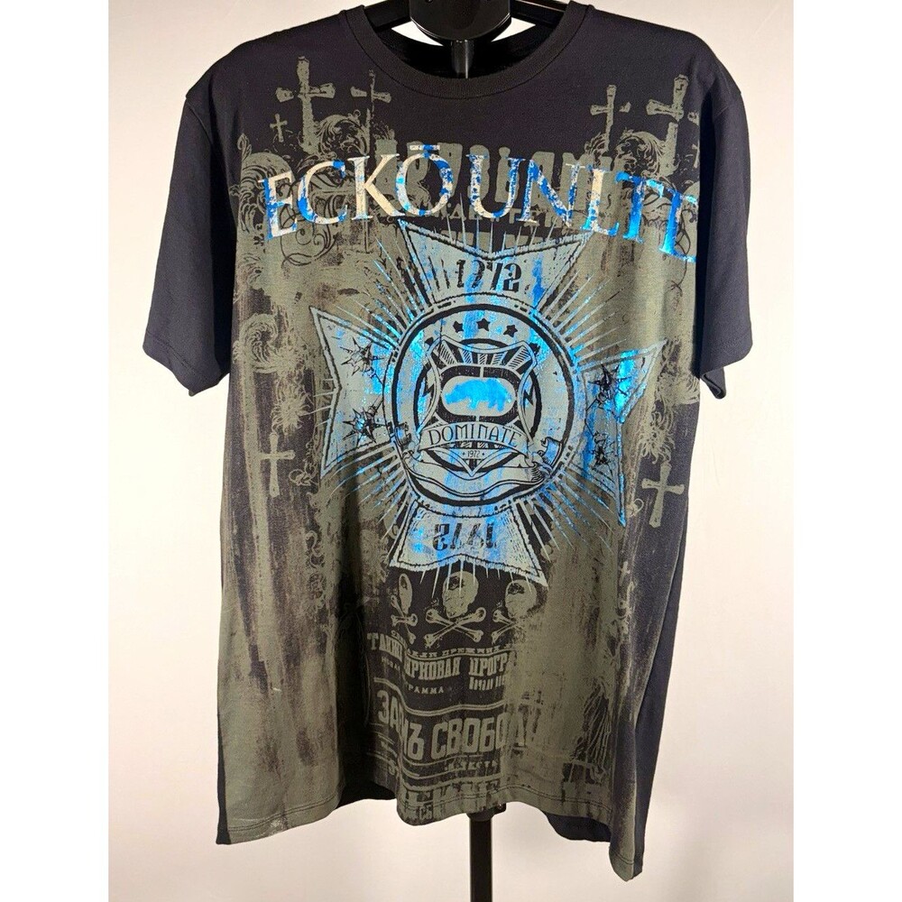 Vintage Ecko Unltd MMA Mens L Black Graphic T Shirt Blue Foil Skull Cross